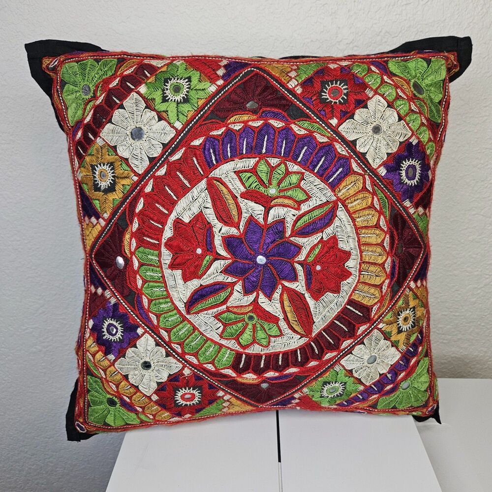Indian Kutch Embroidered Throw Pillow 15" Handmade Mirror Work Vintage Boho